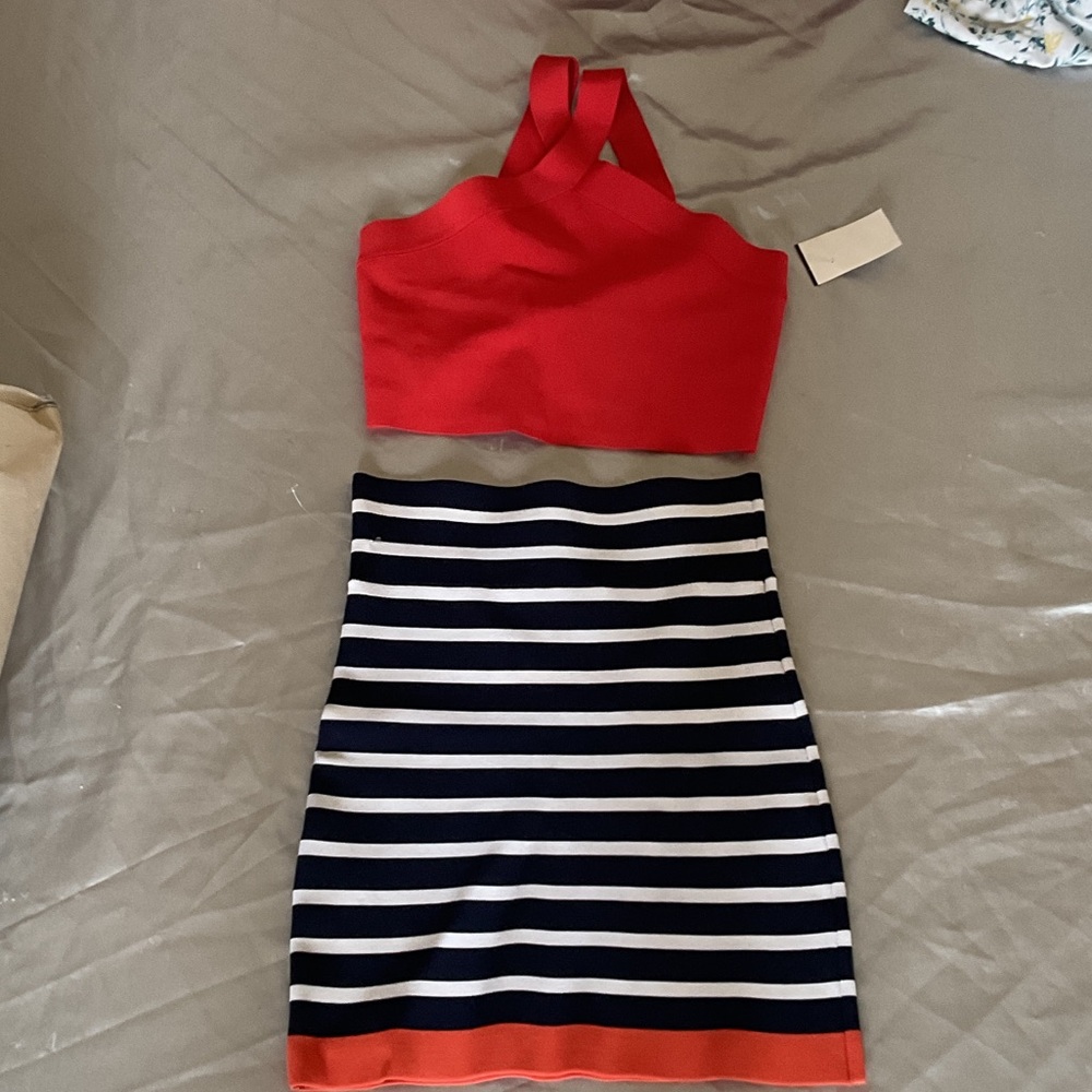 Red Halter Top and Striped Skirt Set